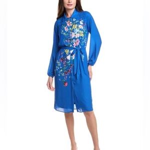 T Tahari Smocked Yoke Shirtdress Marina Bouquet Blue Floral Print Size XL NWT